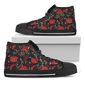 Poinsettia Flower Pattern Print Black High Top Shoes 3H22Inmmrj